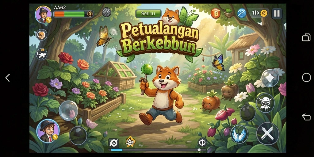 Tampilan gameplay AA62 dengan kebun yang rimbun dan indah.