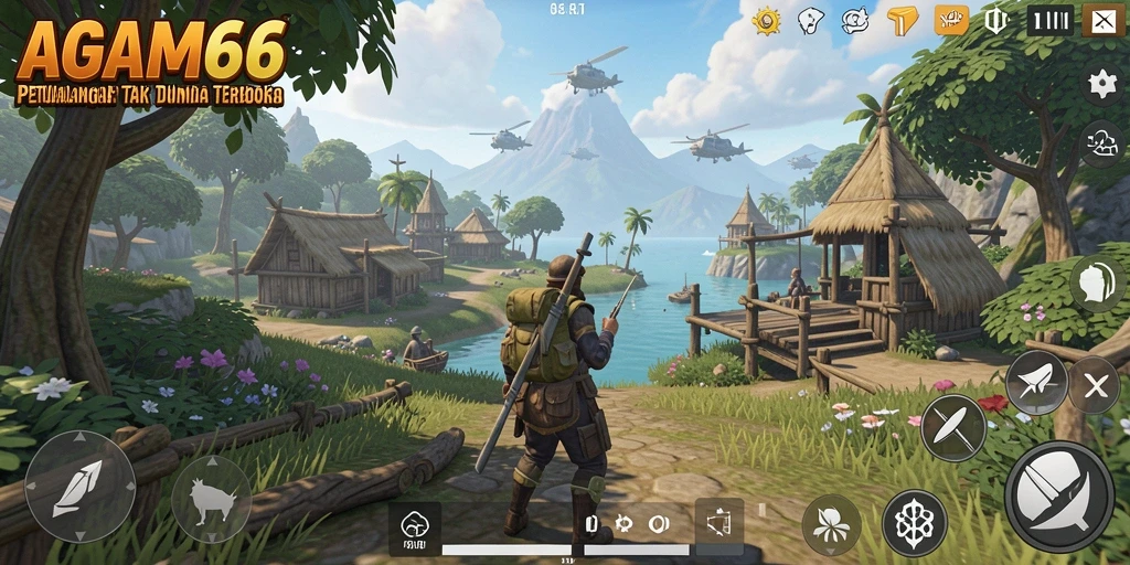 Tangkapan layar gameplay AGAM66 menunjukkan eksplorasi bebas di dunia yang luas.