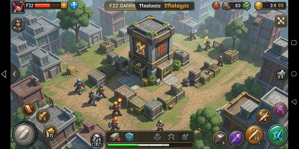 Screenshot gameplay F32 menampilkan pertarungan menara yang intens.