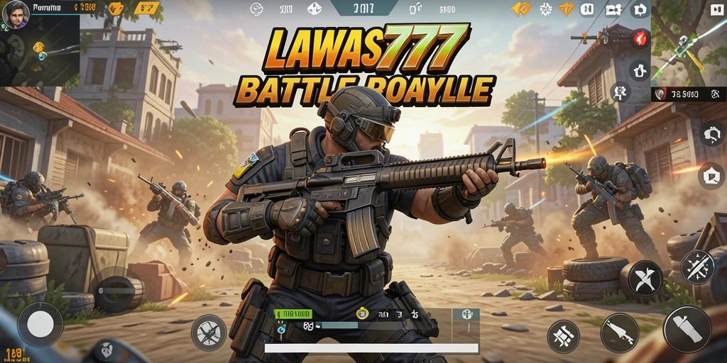 Menampilkan aksi intens dari LAWAS777 dalam pertempuran Battle Royale.