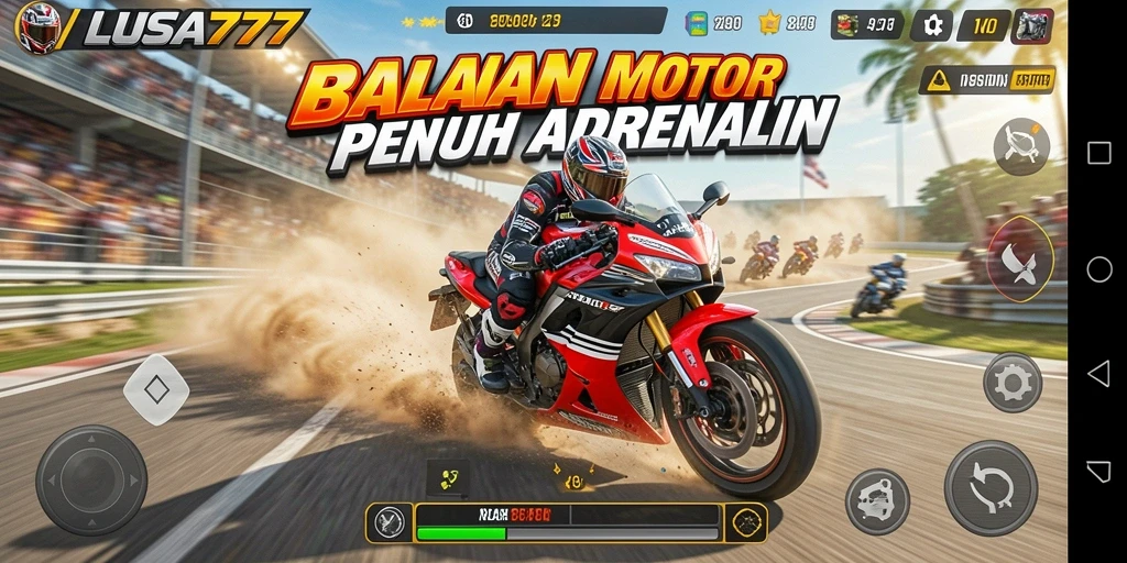 Screenshot gameplay LUSA777 menampilkan balapan motor yang menegangkan.