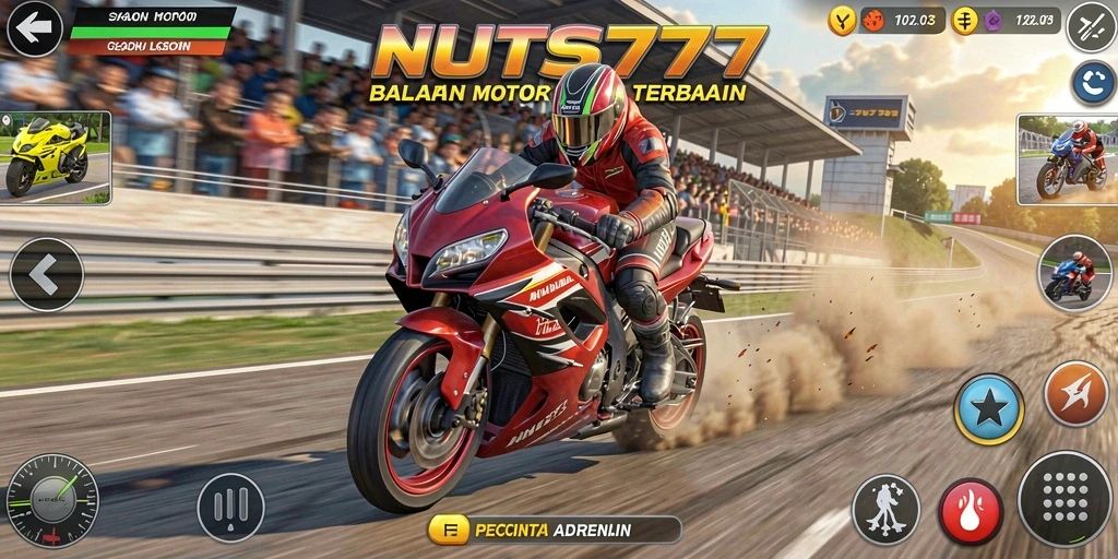 Tampilan gameplay NUTS777 yang adiktif dan seru di sirkuit balapan.