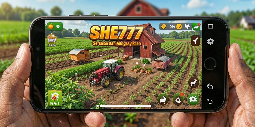 Screenshot gameplay SHE777 menunjukkan aktivitas pertanian yang seru dan interaktif.