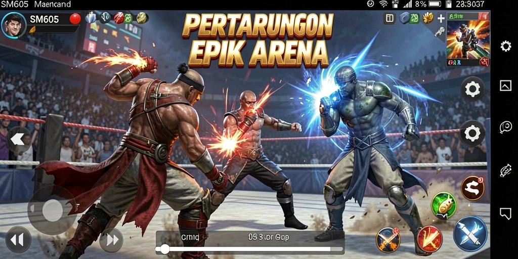 Screenshot tampilan gameplay SM605 yang intens dan seru.
