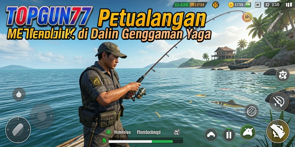 Screenshot gameplay TOPGUN77 dengan pemandangan memukau dan aksi memancing.
