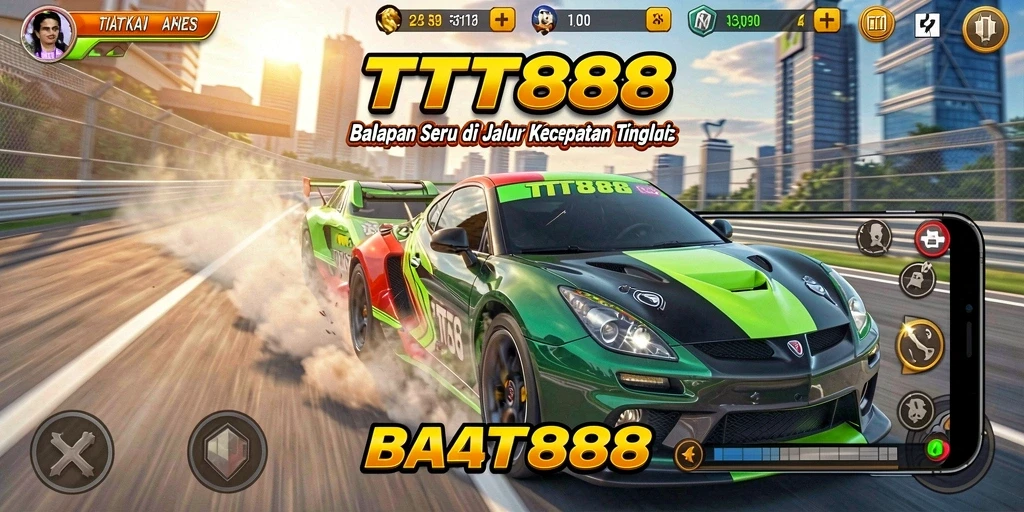 Screenshot utama TTT888 menampilkan mobil balap melaju cepat di trek yang penuh aksi.