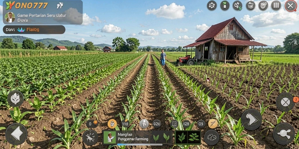 Gameplay <strong>YONO777</strong> yang menampilkan ladang dan interaksi petani.